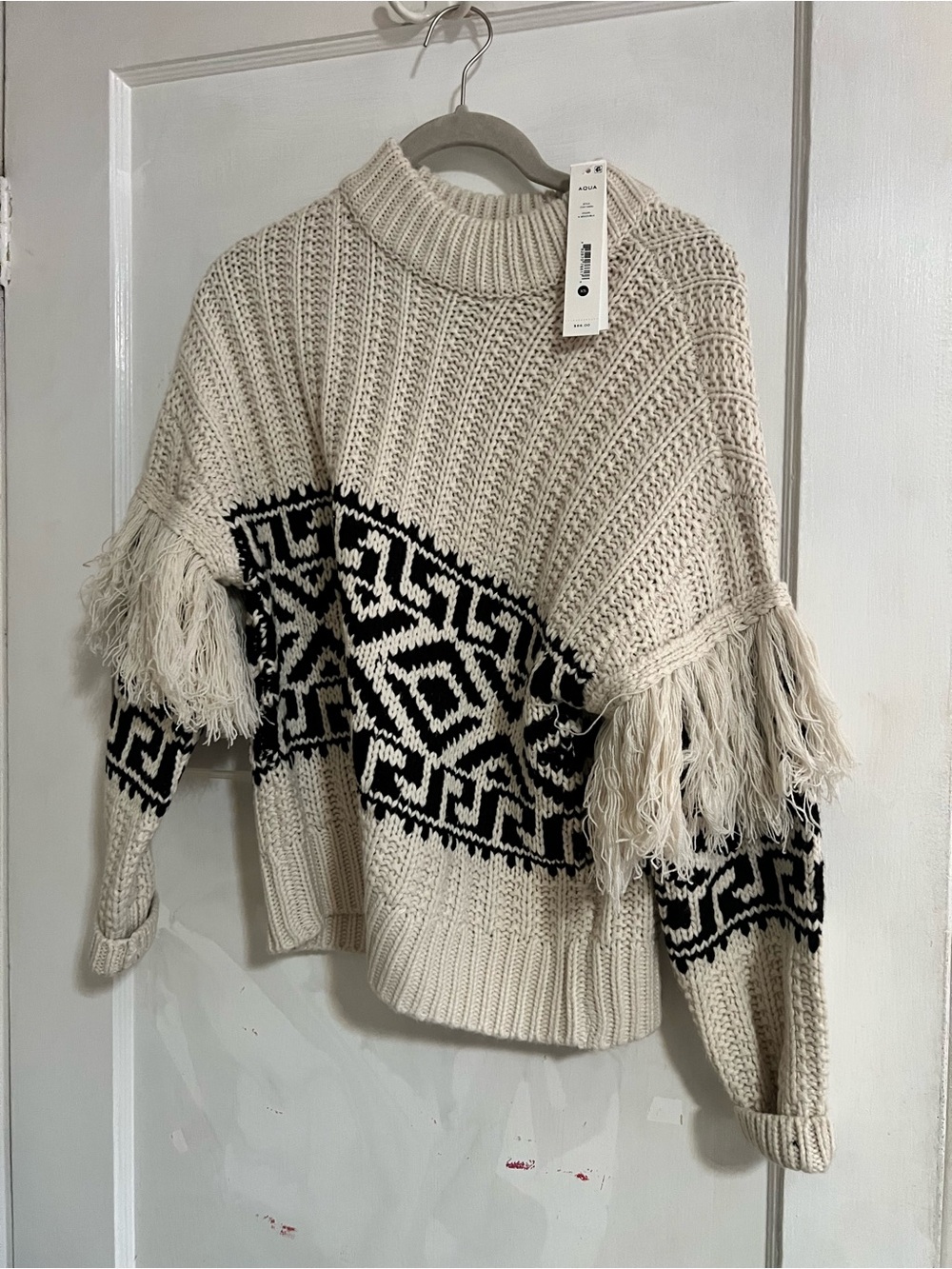 Aqua Ivory and Black Fringe Knit Sweater